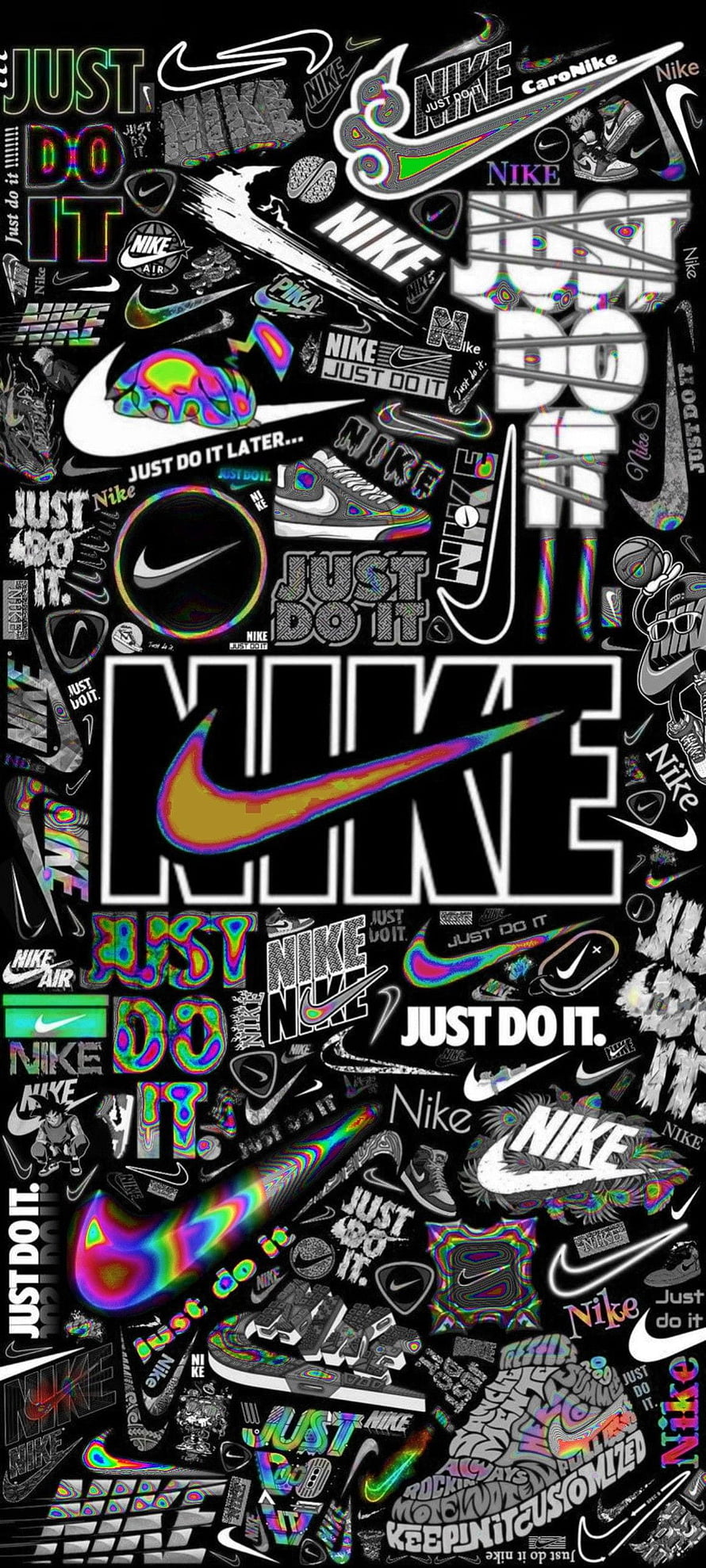 Nike Just Do It Collage Wallpaper with Neon Swoosh Logos and Sneakers on Black Background HD phone wallpaper