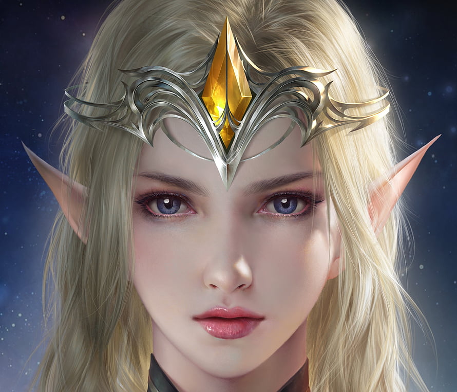 Blonde Elf Woman Portrait With Golden Crown And Starry Night Background HD wallpaper