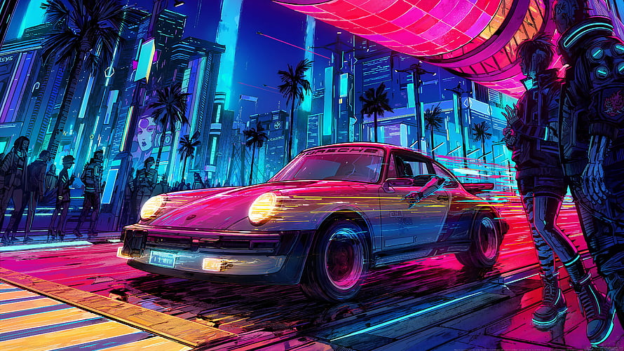 Cyberpunk 2077 Neon Street Scene Featuring a Classic Porsche 911 in a Futuristic City HD wallpaper