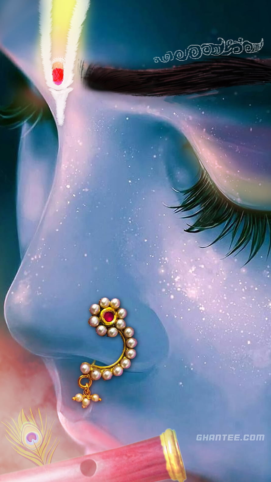Lord Krishna Profile Illustration With Flute And Traditional Nose Ring HD phone wallpaper