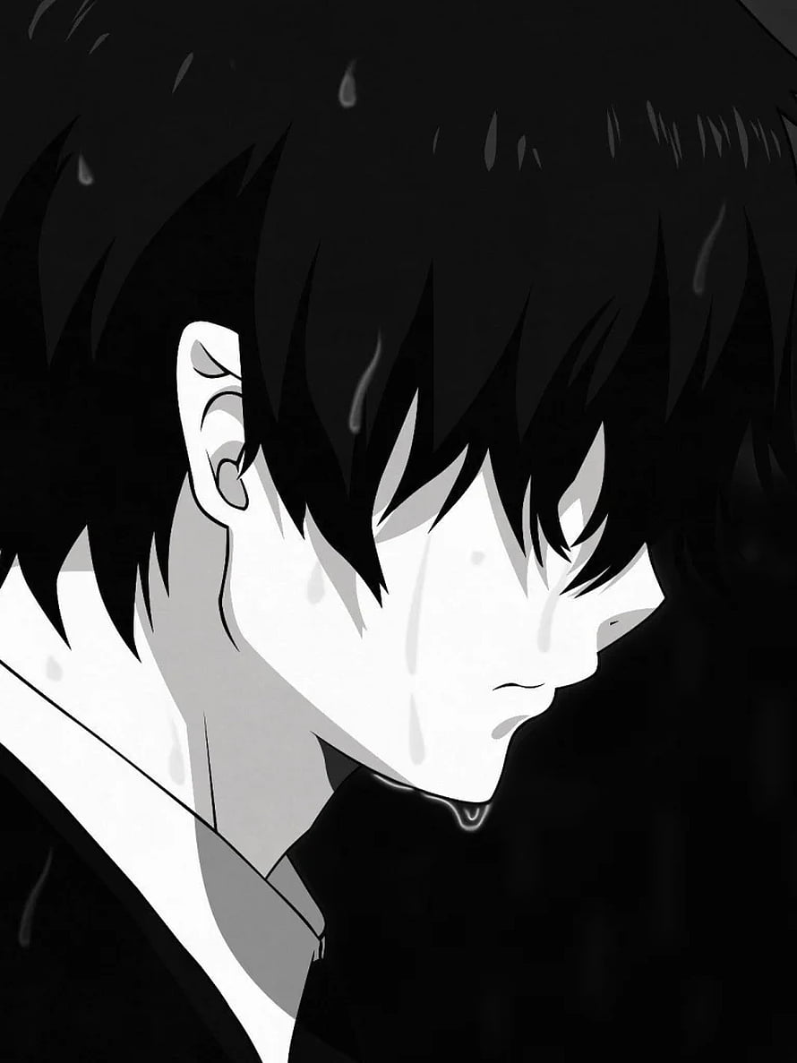Monochrome Anime Boy in Profile with Rain Droplets and Melancholic Expression HD phone wallpaper