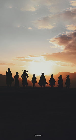Demon Slayer Corps Silhouettes Against a Golden Sunset Sky HD phone wallpaper
