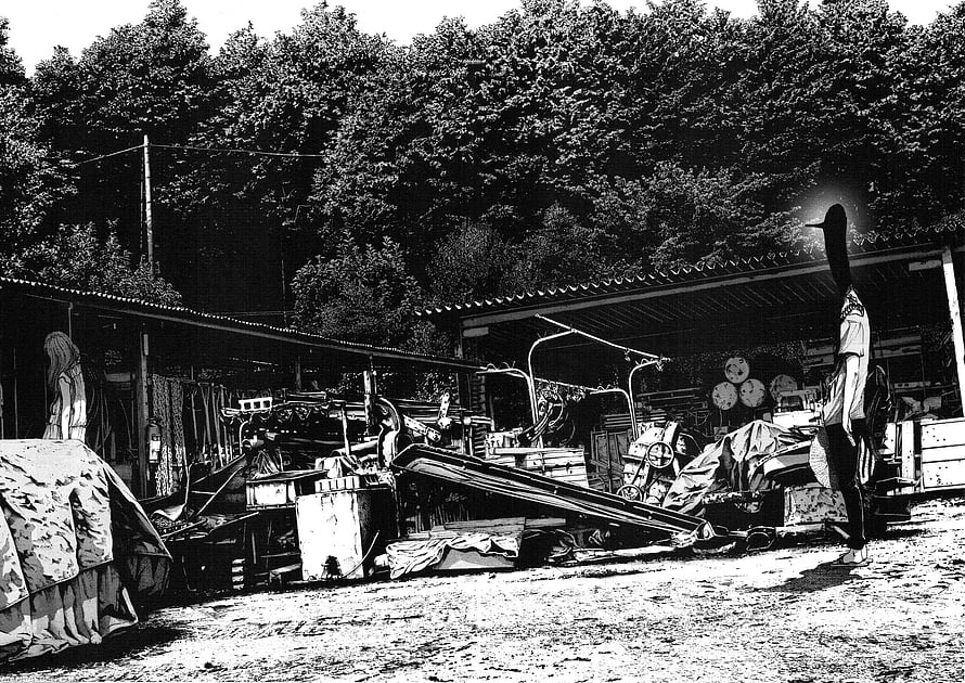 Goodnight Punpun Anime Scene of Cluttered Outdoor Workshop with Tall Figure HD wallpaper