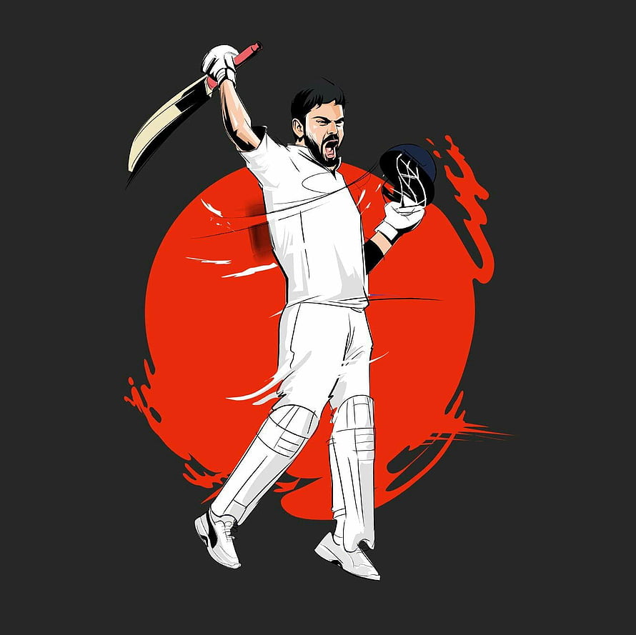 Virat Kohli Cricket Illustration with Scythe and Helmet on Red Background HD wallpaper