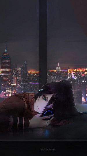 Anime Girl Lying on Floor with Phone Against Night City Skyline HD phone wallpaper