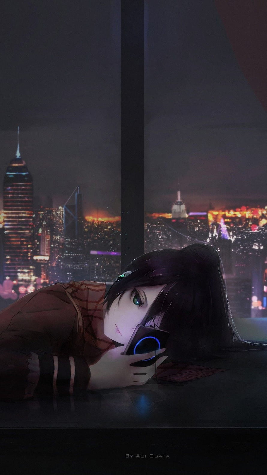 Anime Girl Lying on Floor with Phone Against Night City Skyline HD phone wallpaper