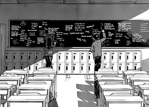 Komi-san Classroom Scene with Blackboard Conversation and Lockers HD wallpaper
