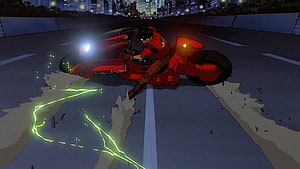 Akira Kaneda Riding Red Motorcycle on Night Highway with Green Energy Trail HD wallpaper