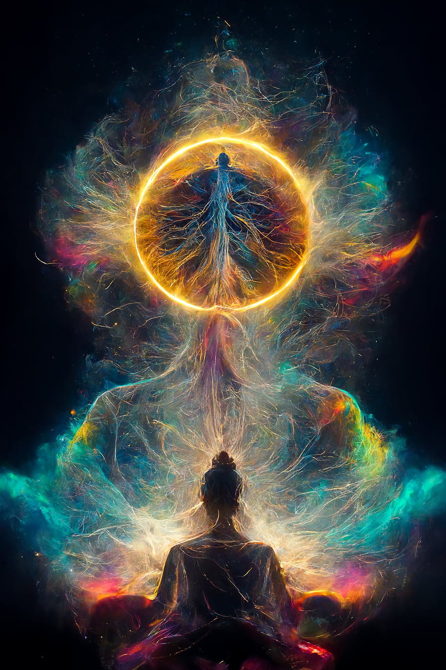 Meditating Woman Surrounded by Vibrant Cosmic Energy and Spiritual Chakra Light HD phone wallpaper