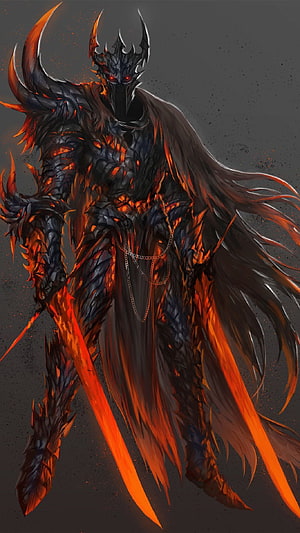 Fiery Demon King in Dark Spiked Armor with Glowing Red Eyes and Molten Blades HD phone wallpaper