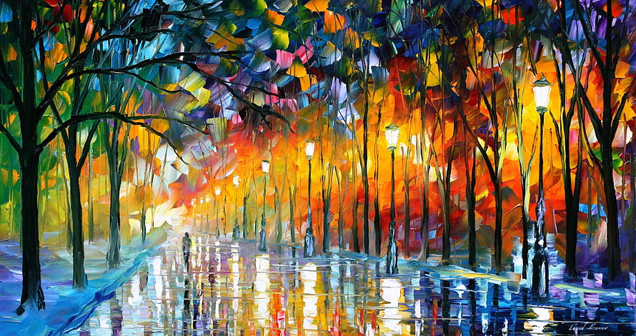 Vibrant Impressionist Autumn Park Scene with Rainy Path and Street Lamps HD wallpaper