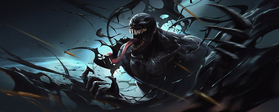 Venom in a Dynamic Dark Fantasy Artwork with Symbiote Tendrils and Menacing Claws HD wallpaper