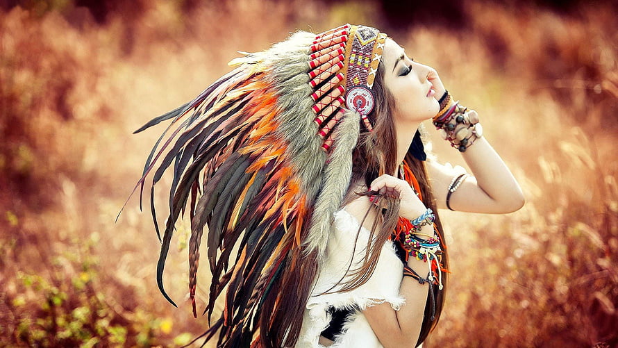 Bohemian Woman Wearing Feathered Headdress in Autumn Field HD wallpaper