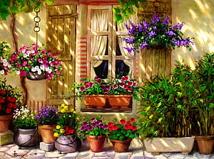 Impressionist Painting of a Sunlit Cottage Window with Colorful Potted Flowers and Hanging Baskets HD wallpaper