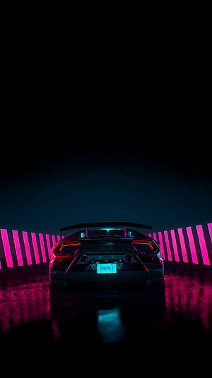 Rear View of a Lamborghini Huracan in a Neon-Lit Cyberpunk Setting HD phone wallpaper