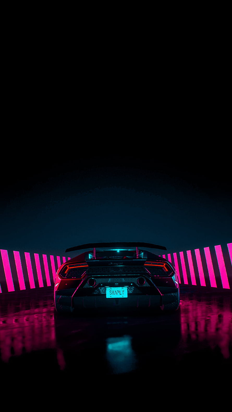 Rear View of a Lamborghini Huracan in a Neon-Lit Cyberpunk Setting HD phone wallpaper
