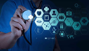 Doctor Holding Stethoscope With Medical Technology Icons And Hexagonal Interface HD wallpaper
