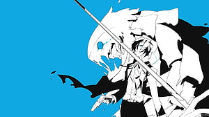 Persona 3 anime character wielding a sword and pistol in high contrast blue and black style HD wallpaper