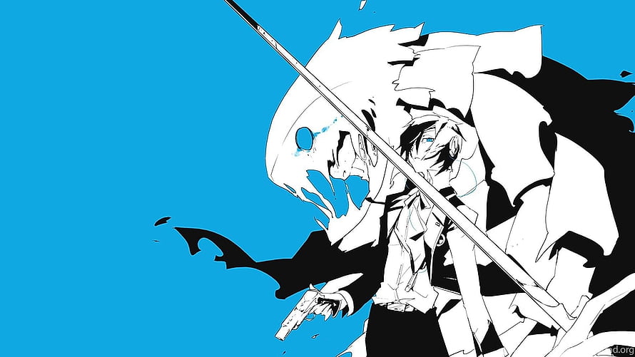 Persona 3 anime character wielding a sword and pistol in high contrast blue and black style HD wallpaper