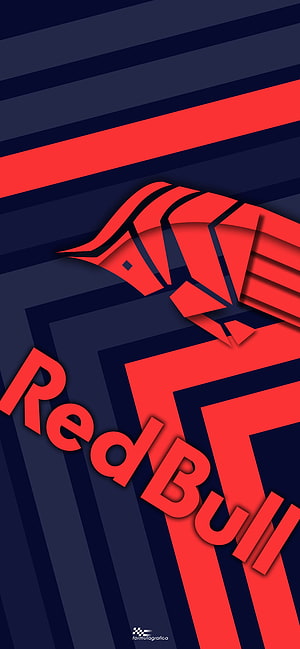 Red Bull Racing Geometric Bull Logo on Dark Blue and Red Striped Background HD phone wallpaper