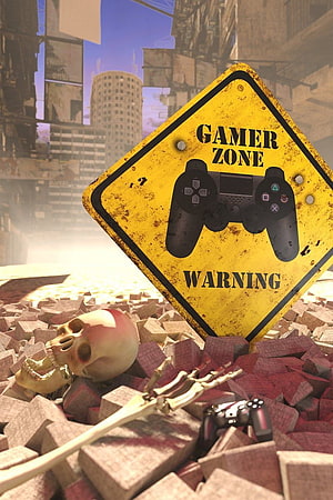 Gamer Zone Warning Sign in Post-Apocalyptic Ruins with Skull and Controller HD phone wallpaper