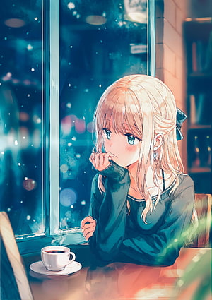 Blonde Anime Girl Gazing Out Window in Cozy Cafe with Coffee HD phone wallpaper