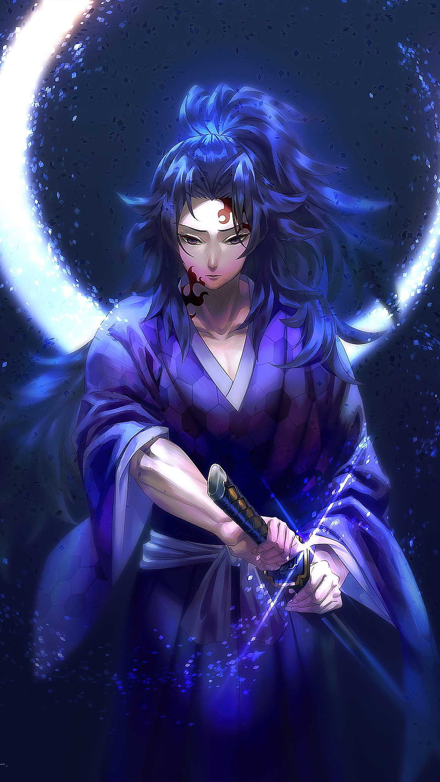 Kokushibo from Demon Slayer in a dark blue kimono holding a katana under a glowing crescent moon HD phone wallpaper
