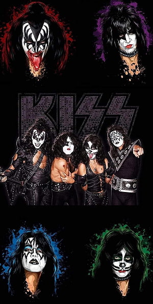 KISS Band Members Illustrated Rock Artwork with Iconic Face Paint and Logo HD phone wallpaper