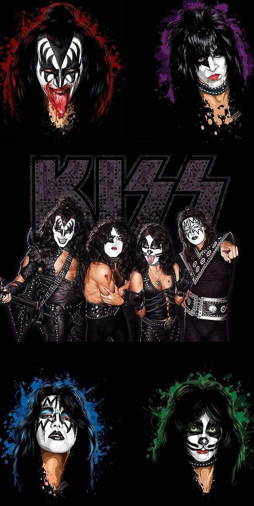 KISS Band Members Illustrated Rock Artwork with Iconic Face Paint and Logo HD phone wallpaper