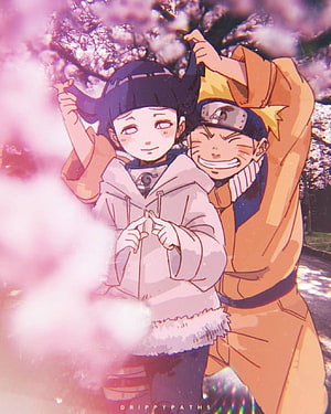 Naruto and Hinata Sharing a Playful Moment Under Cherry Blossoms HD phone wallpaper
