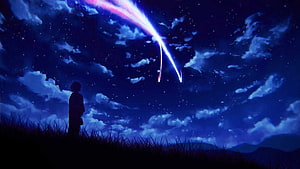 Your Name Anime Night Sky Scene With Meteor Shower And Silhouette HD wallpaper
