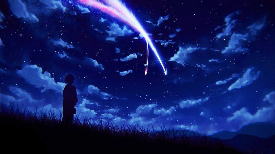 Your Name Anime Night Sky Scene With Meteor Shower And Silhouette HD wallpaper