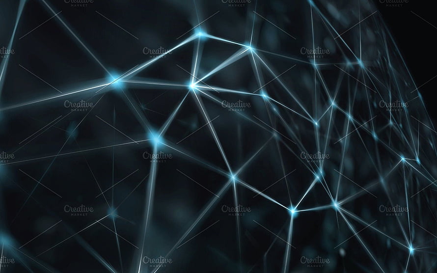 Abstract Digital Network with Glowing Blue Nodes and Interconnected Lines on Dark Background HD wallpaper