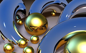 Glossy Gold Spheres and Blue Metallic Forms in Abstract 3D Render HD wallpaper