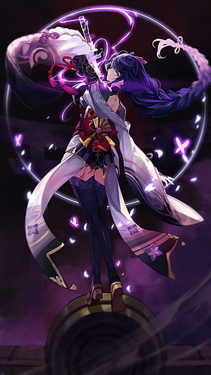 Raiden Shogun from Genshin Impact wielding her sword with purple lightning and butterflies HD phone wallpaper