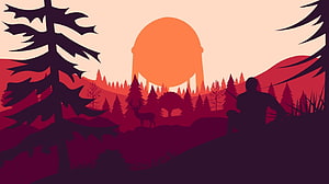 Rust Game Artwork: Silhouetted Forest Landscape with Deer and Hunter at Sunset HD wallpaper