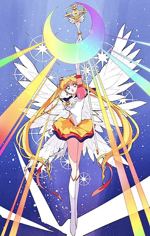 Sailor Moon Eternal Wings Transformation with Crescent Moon Staff and Rainbow Light Beams HD phone wallpaper