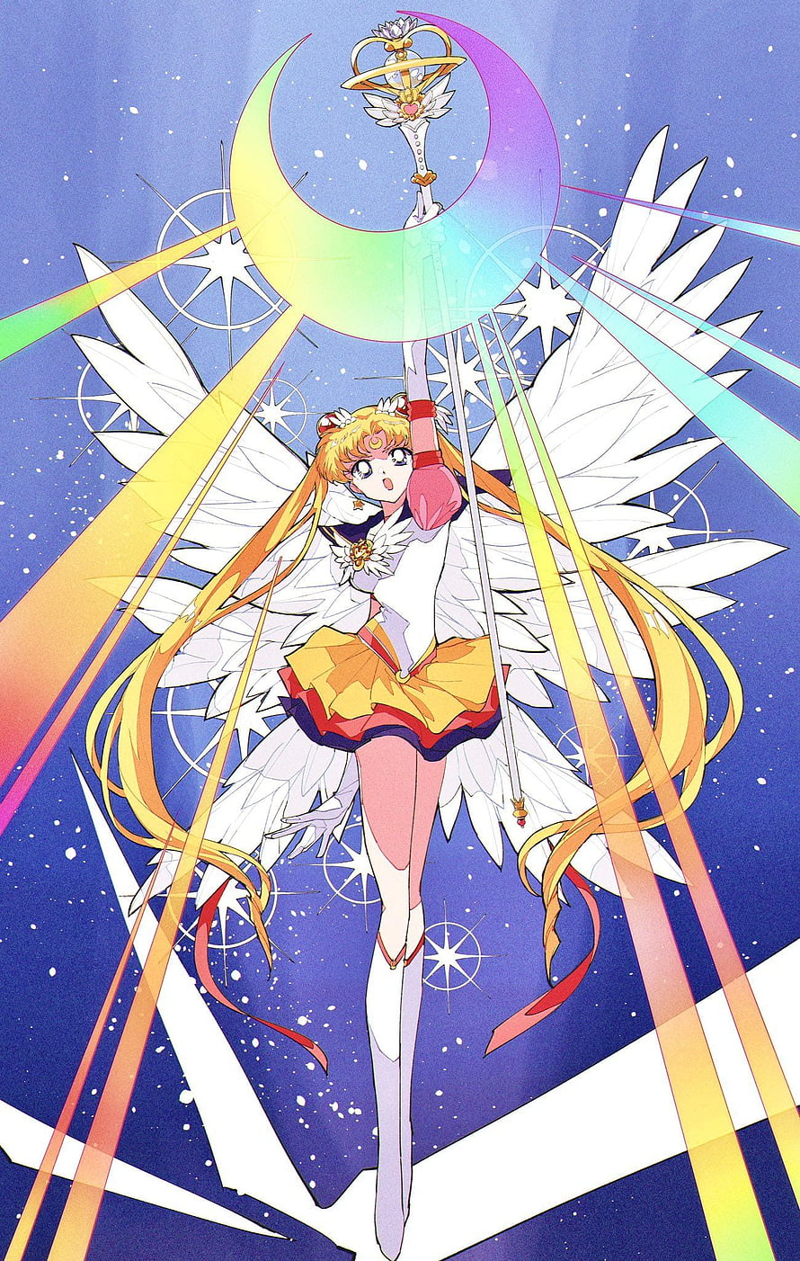 Sailor Moon Eternal Wings Transformation with Crescent Moon Staff and Rainbow Light Beams HD phone wallpaper