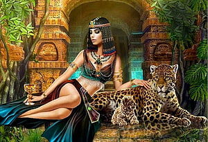 Cleopatra in Ancient Egyptian Temple with Leopard and Cub Fantasy Digital Art HD wallpaper