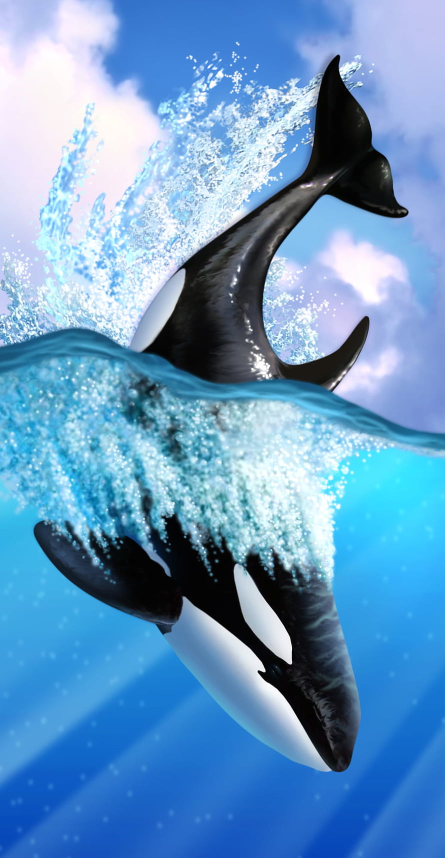 Orca Breaching the Ocean Surface with Dynamic Water Splash and Blue Sky Background HD phone wallpaper