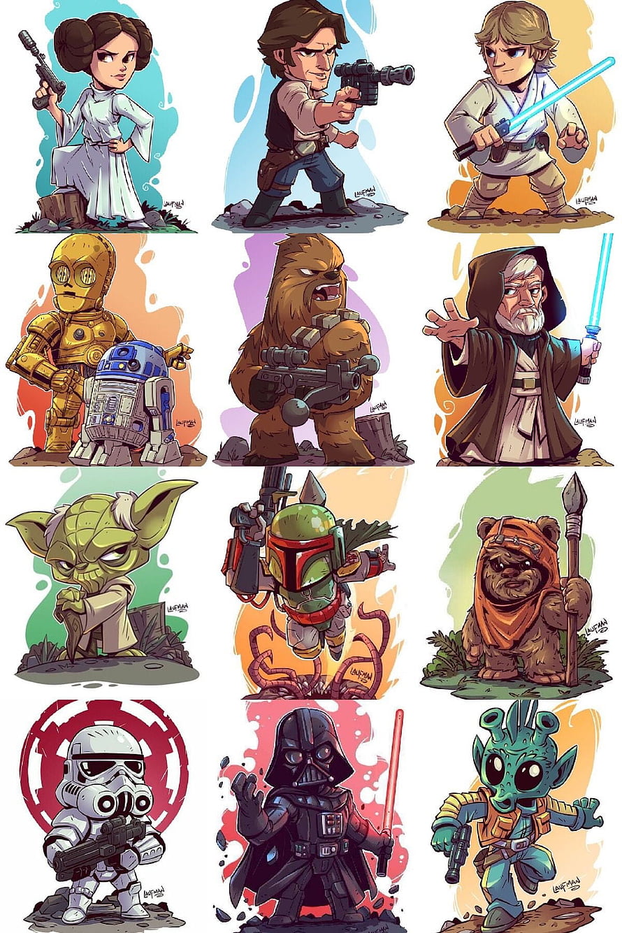 Star Wars Chibi Character Collection Featuring Rey, Finn, Han Solo, Chewbacca, Yoda, Boba Fett, and Darth Vader HD phone wallpaper