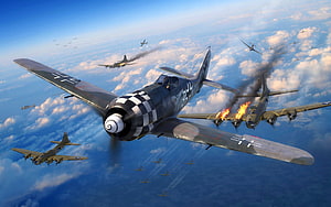 Focke-Wulf Fw 190 Würger Engaging a Burning B-17 Flying Fortress in a World War II Aerial Dogfight HD wallpaper