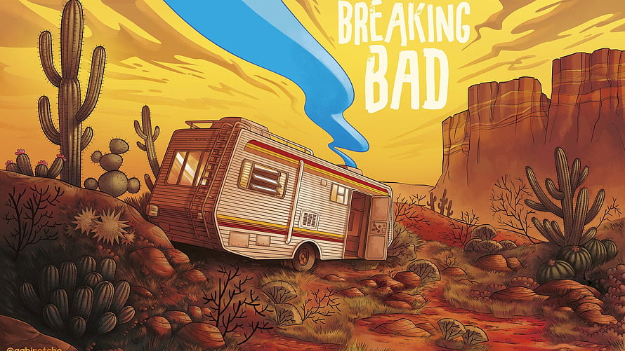 Breaking Bad RV Desert Illustration with Cacti and Canyon Landscape HD wallpaper