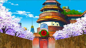 Naruto Hidden Leaf Village Gate with Cherry Blossoms and Hokage Tower HD wallpaper