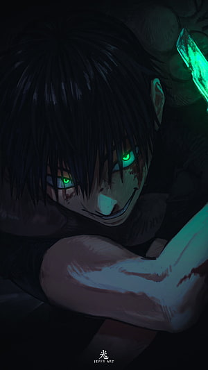 Toji Fushiguro Jujutsu Kaisen Dark Anime Illustration with Glowing Green Eyes HD phone wallpaper