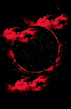 Dark red cosmic eclipse with glowing nebula clouds and starfield on black background HD phone wallpaper