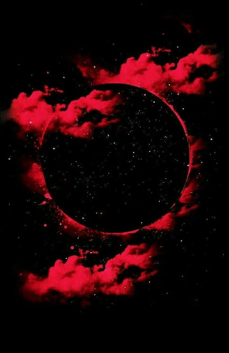 Dark red cosmic eclipse with glowing nebula clouds and starfield on black background HD phone wallpaper