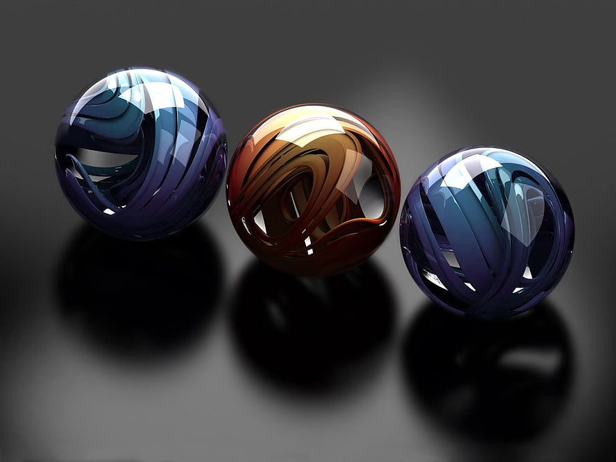 Three glossy 3D spheres with swirling glass and metal textures on a dark reflective surface HD wallpaper