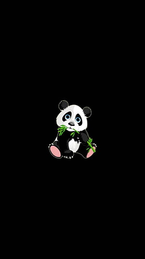 Cute Cartoon Panda Cub Eating Bamboo on Black Background HD phone wallpaper