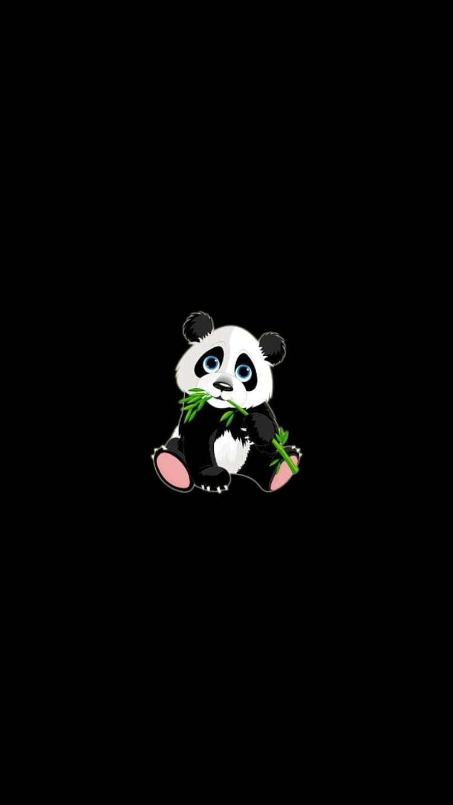 Cute Cartoon Panda Cub Eating Bamboo on Black Background HD phone wallpaper